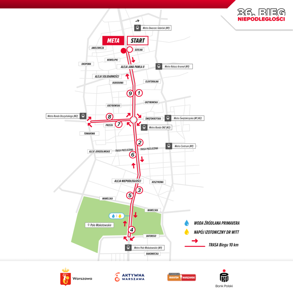 Mapa trasy biegu na 10 km podczas 36. Biegu Niepodległości w Warszawie