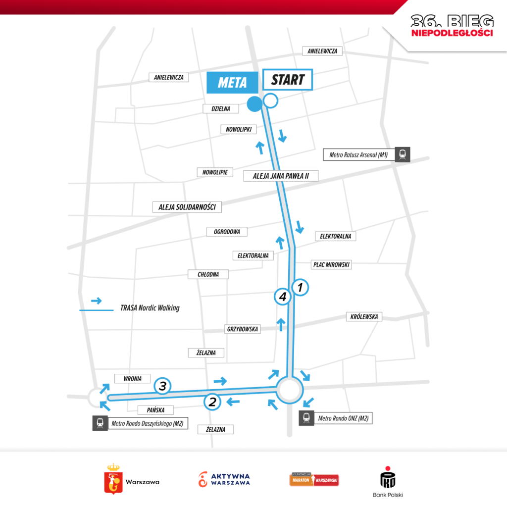 Mapa trasy nordic walking na około 5 km podczas 36. Biegu Niepodległości